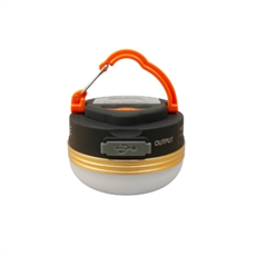 Kompakt LED-lampa med svart topp, frostad botten, orange krok och USB-port för laddning.