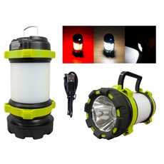 Campinglampa i grön och svart med vikbart handtag och USB-kabel.