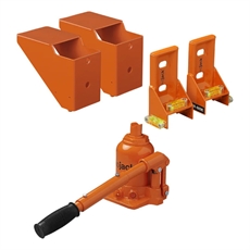 Hydrauliskt domkraftssats med handtag, chassistöder och fästen med vattenpassindikatorer.