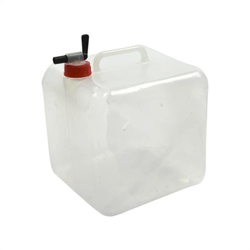 Transparent vikbar vattenbehållare, 10L, rött skruvlock, svart pip, handtag för bärande.