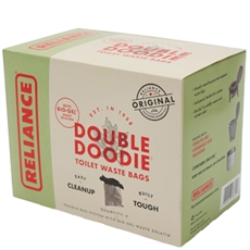 Låda med "Reliance Double Doodie" toalettpåsar för avfall, innehåller 6 påsar.