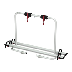 Cykelställ med parallella skenor, fästremmar och stabiliserande stöd.