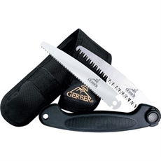 Gerber hopfällbar såg med två blad, ergonomiskt handtag, svart slida med logo.