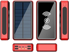 Röd solcelle-powerbank med solpaneler, flera USB-portar och möjlig trådlös laddning.