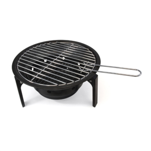 Kompakt, rund grill med fällbara ben och luftventilationshål. Enkel och funktionell i design.
