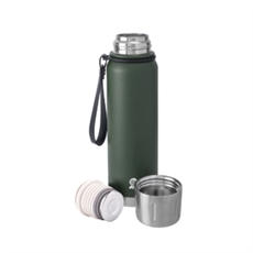 Grön termosflaska med bärrem och kopp-lock, 0,75 l. Rostfritt stål.