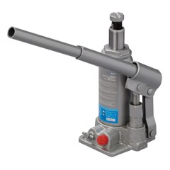 Grå hydraulisk domkraft med handtag, märkt "PRO PLUS", visar säkerhetsinstruktioner på kroppen.