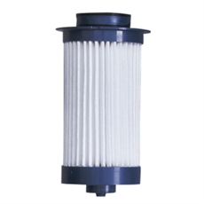 Cylindriskt filter med vitt plisserat material och mörkblå ändkapslar.