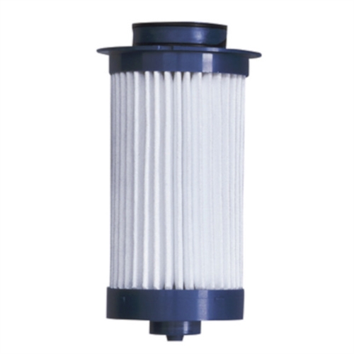 Cylindriskt filter med vitt plisserat material och mörkblå ändkapslar.