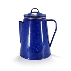 Blå emaljering kaffekanna med tappkran och avtagbart lock, praktisk för utomhusbruk.