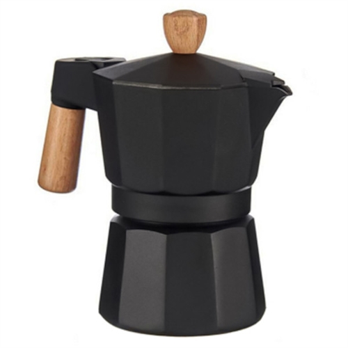 Klassisk, åttkantig svart espressomaskin med trähandtag och knapp, inte lämplig för induktion.