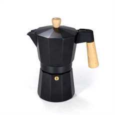 Svart espressomaskin med trähandtag och knop samt ventil på kroppen. Designen är stilfull och modern.