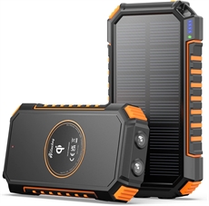 Solcells-powerbank med svart och orange design, solpanel, LED-indikatorer och två ficklampor.