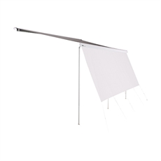 Thule View Blocker G2 med neutral färgad panel, hänger vertikalt från stöd till Omnistor markiser.