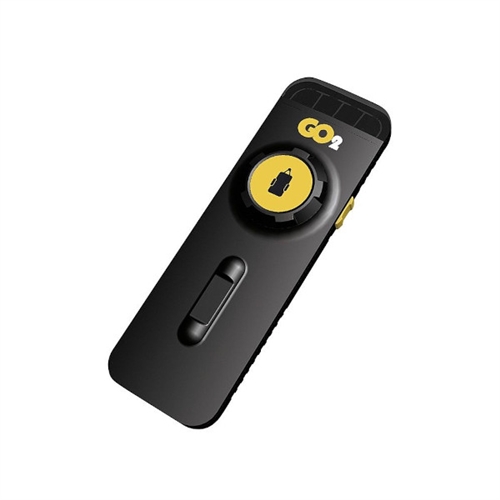 Svart fjärrkontroll med gul knapp, glidkontakt och "GO2"-märke för TRUMA Mover GO2 system.