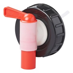 Vattenkran med rött handtag, svart gänglock, plastmaterial, anslutning till tank eller behållare.