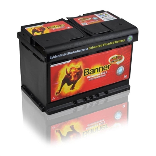 Svart batteri med tjurlogo och texten "Banner Running Bull."
