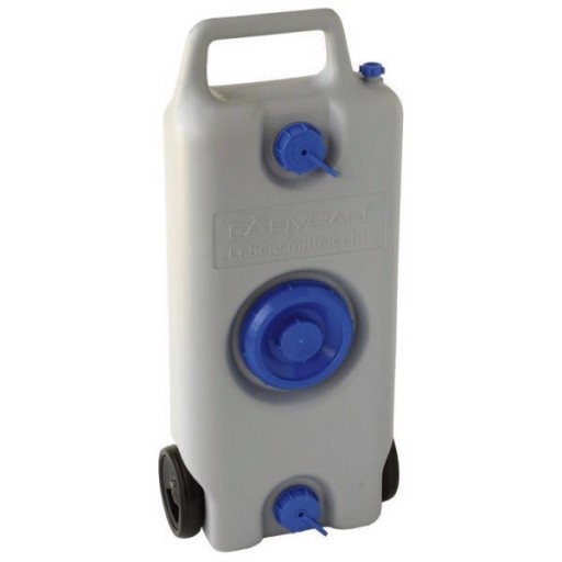 Grå 35-liters avloppstank med blått skruvlock, handtag och hjul för enkel transport.