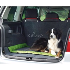 Hund på grön och grå CAMP4 Abby Hundfilt i bilens bagageutrymme.