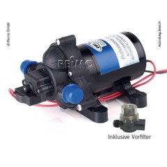 Kompakt pump med svart hölje, röda och svarta ledningar. Inkluderar liten separat filter.