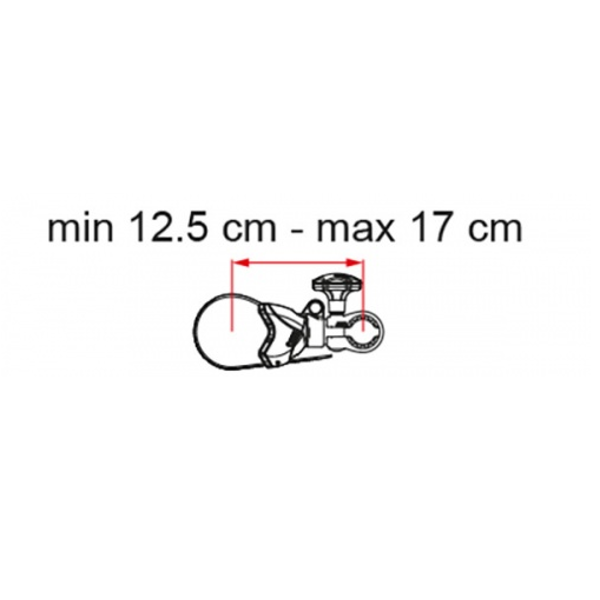 Diagram av FIAMMA Bike-Block Pro S 1, med justerbar längd från 12,5 cm till 17 cm och klämmekanism.