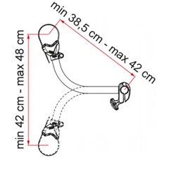 Justerbar fästbygel, längd 38,5-42 cm, rotation och klämanordningar vid båda ändar.