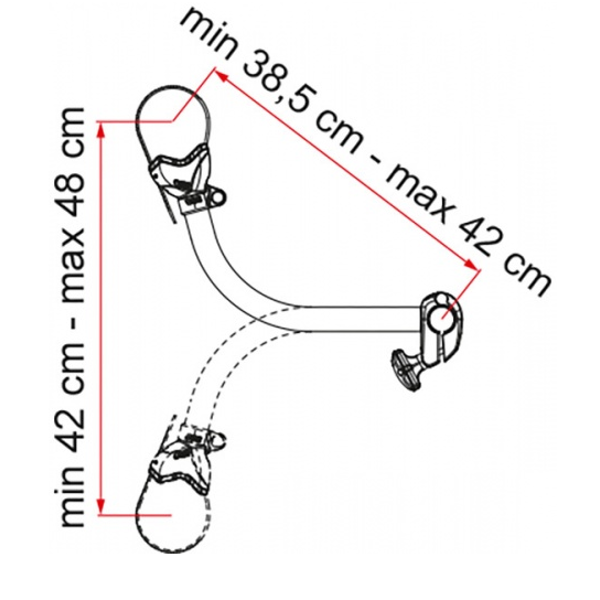Justerbar fästbygel, längd 38,5-42 cm, rotation och klämanordningar vid båda ändar.