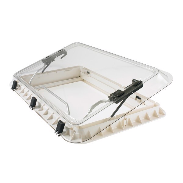 Taklucka med transparent panel och crèmevit ram. Justerbara stödarmar för öppning och säkring.