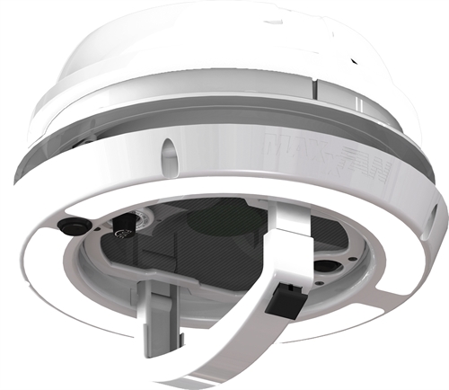 Vit rund ventilator med LED, monteringssystem och manuella reglage för tak/vägg.