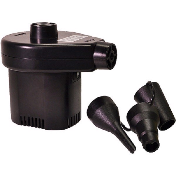 Svart elektrisk pump med tre munstycken, kompakt design, två strömingångar, idealisk för resebruk.