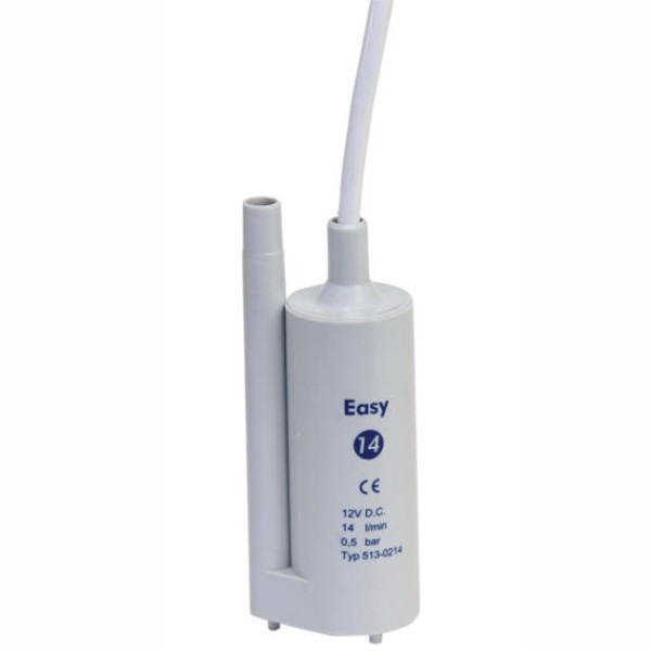 Cylinderformad vattenpump i vit/blå med 14 l/min, 0,5 bar, 12V D.C. specifikationer synliga.