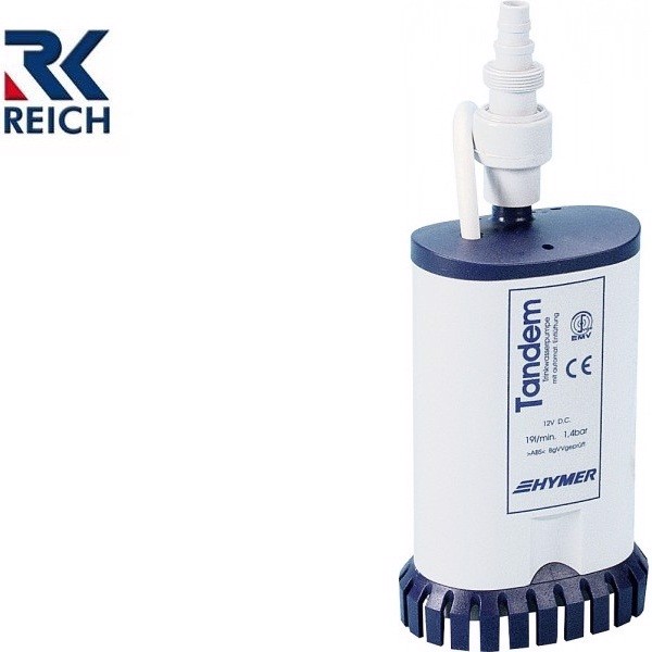 Cylindrisk REICH vattenpump i vit och blå, 12V, 19 l/min flöde, 1.4 bar tryck.