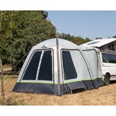 Uppblåsbart förtält till campervan med luftbalkar, kupolform, öppningar fram och stormlinor.