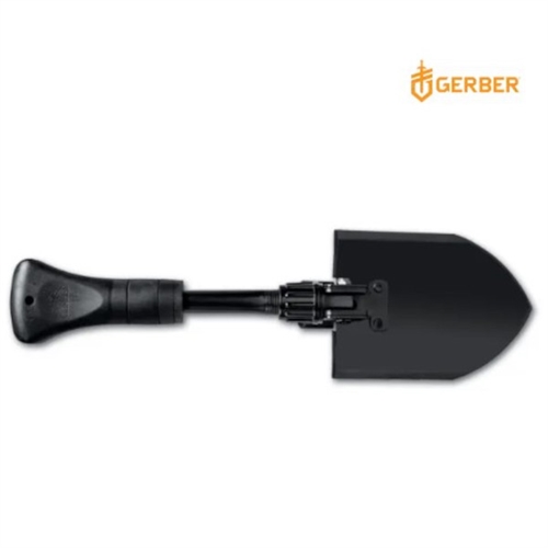 Fällbar Gerber Gorge spade med svart finish, robust spadhuvud och bekvämt grepp.