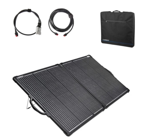 Solpanel med två vikbara sektioner, svart finish. Inkluderar svart väska och kablar för transport.