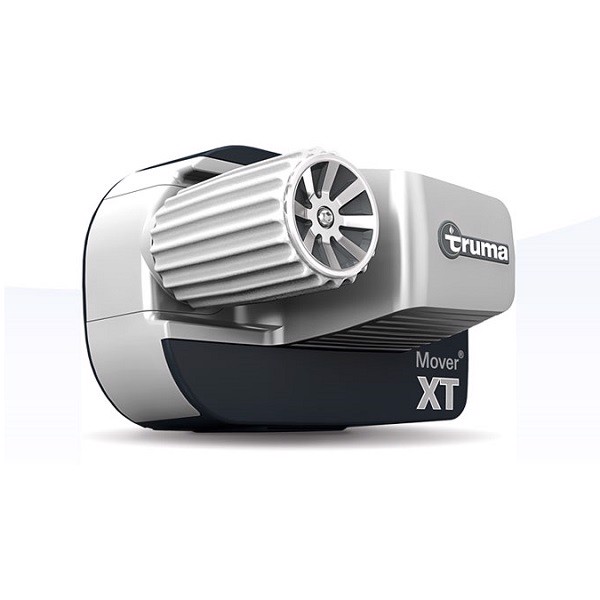 Kompakt motoriserad caravan-mover med "Truma" och "Mover XT" branding, designad för enkelaxlade vagnar.