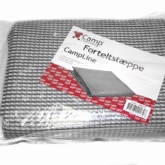 Paket med vitt/grått houndstooth förtältmatta i klar plast med "Förtältmatta" etikett.