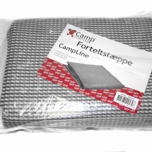 Paket med vitt/grått houndstooth förtältmatta i klar plast med "Förtältmatta" etikett.