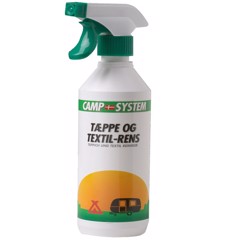 Sprayflaska med grönt handtag, etikett med campingmotiv, 500 ml matta- och textilrengöring.