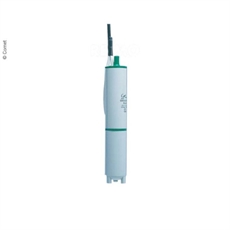 Vit cylindrisk vattenpump med gröna detaljer och sladd för strömanslutning, designad för smala utrymmen.