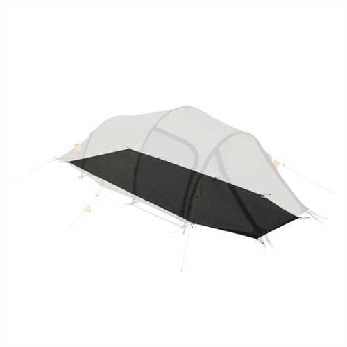 Mörk groundsheet anpassad till tältbotten med fästpunkter. Täcker hela basen av det transparenta tältet.