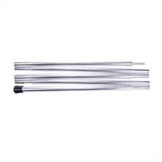 Flera metallstångsektioner med ett svart lock i ena änden, redo för montering.