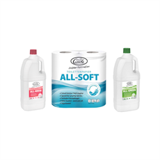 Tre Camp4-produkter: vit flaska med röd hatt, vit flaska med grön hatt, toalettpapper "ALL-SOFT".