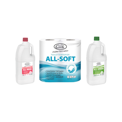 Tre Camp4-produkter: vit flaska med röd hatt, vit flaska med grön hatt, toalettpapper "ALL-SOFT".