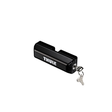 Svart THULE Van Lock med nyckel insatt. THULE-logotyp tydligt synlig på låset.