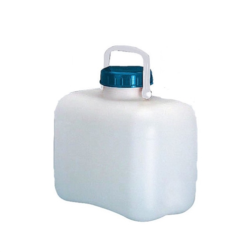 Vit rektangulär behållare, blått skruvlock, vitt handtag. Kapacitet: 13 liter, kompakt design.