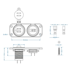 ProPlus Inbyggningskit Voltmeter + Dubbel USB-utgång