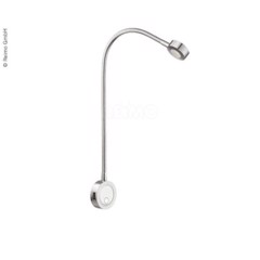 Flexibel LED-lampa i metallfinish, justerbar hals och rund bas med knapp, USB-anslutning.