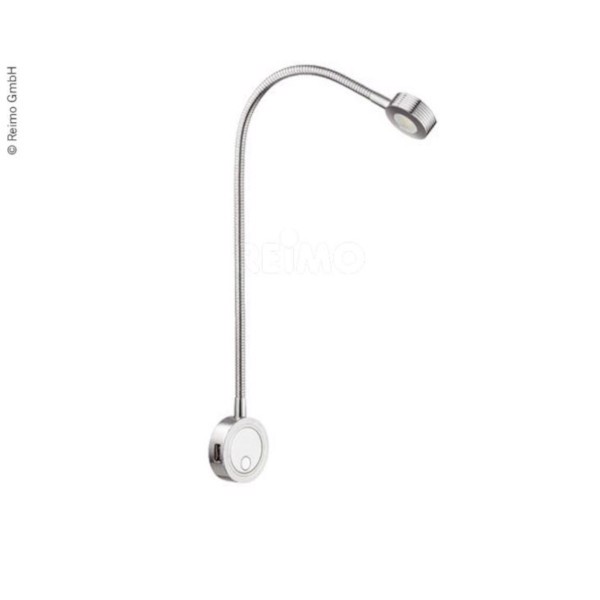 Flexibel LED-lampa i metallfinish, justerbar hals och rund bas med knapp, USB-anslutning.