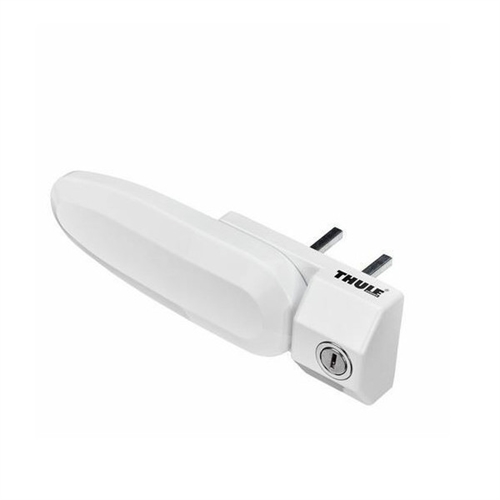 Vit Thule-lås G2 med handtag och nyckelhål synligt, designad för säkerhetsdörrar.